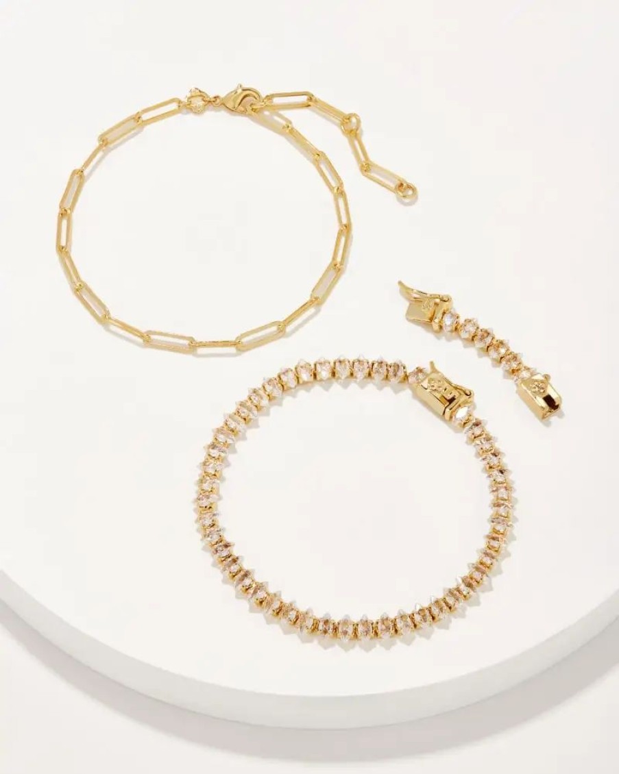 * Kendra Scott Courtney Gold Paperclip Bracelet Set Of 2 In White Crystal | Bracelets