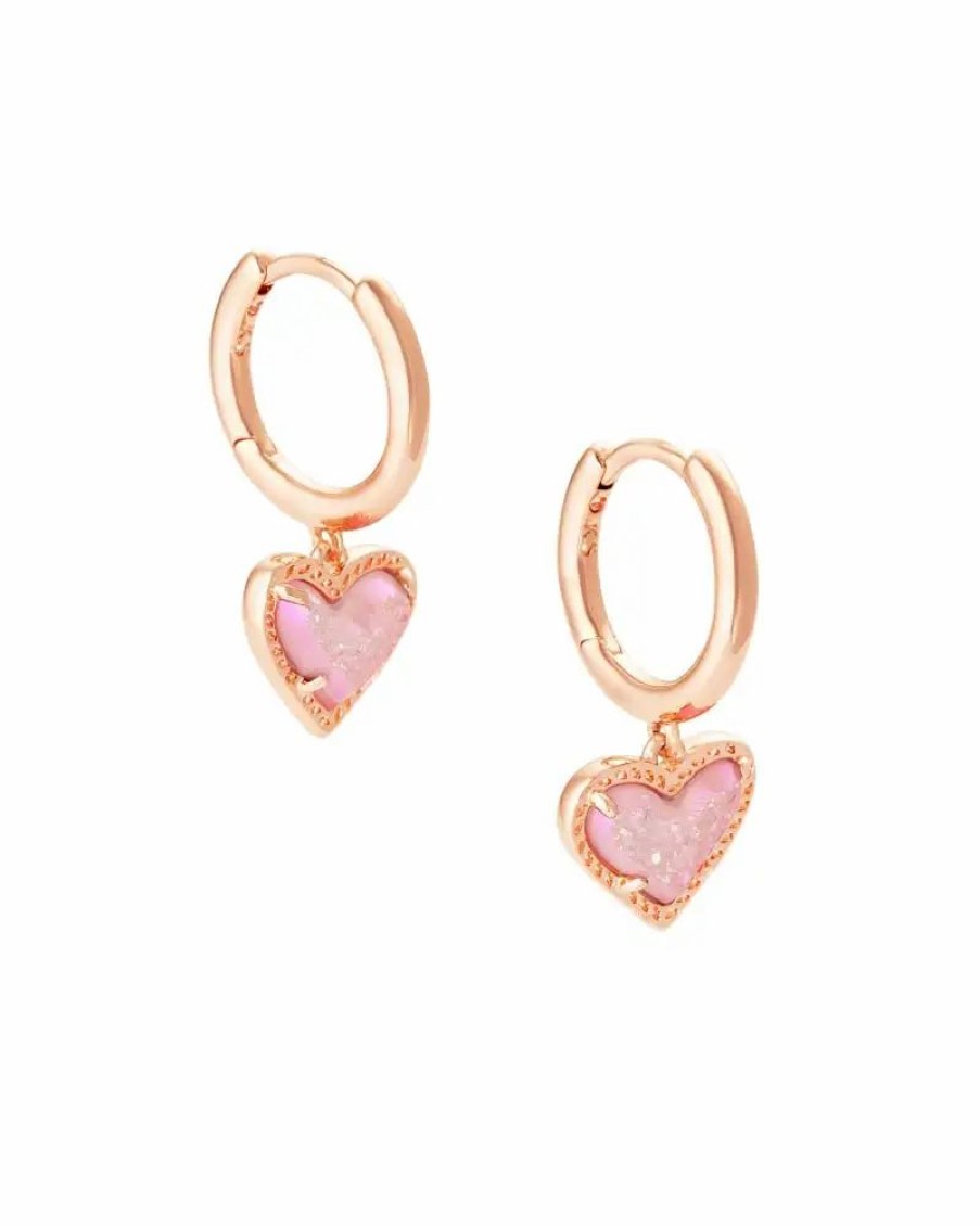 * Kendra Scott Ari Heart Rose Gold Huggie Earrings In Light Pink Drusy | Earrings