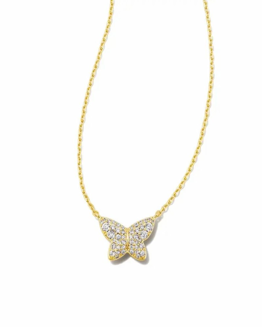 * Kendra Scott Lillia Crystal Butterfly Gold Pendant Necklace In White Crystal | Necklaces