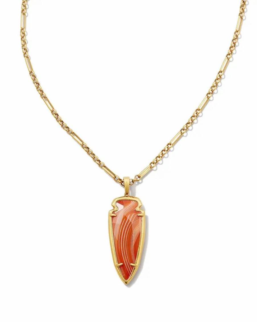 * Kendra Scott Skylar Vintage Gold Small Long Pendant In Orange Banded Agate | Necklaces