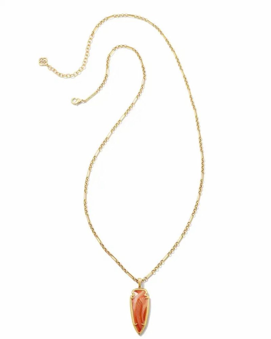 * Kendra Scott Skylar Vintage Gold Small Long Pendant In Orange Banded Agate | Necklaces