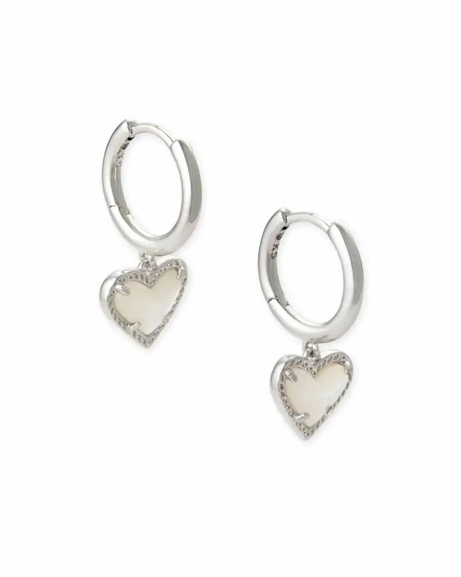 * Kendra Scott Ari Heart Silver Huggie Earrings In Ivory Mother-Of-Pearl | Earrings