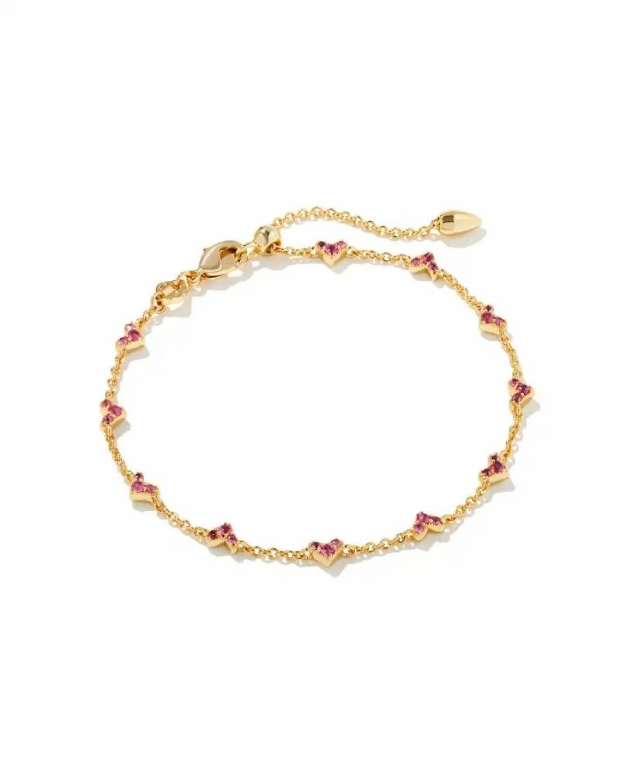 * Kendra Scott Haven Gold Crystal Heart Delicate Chain Bracelet In Pink Crystal | Bracelets