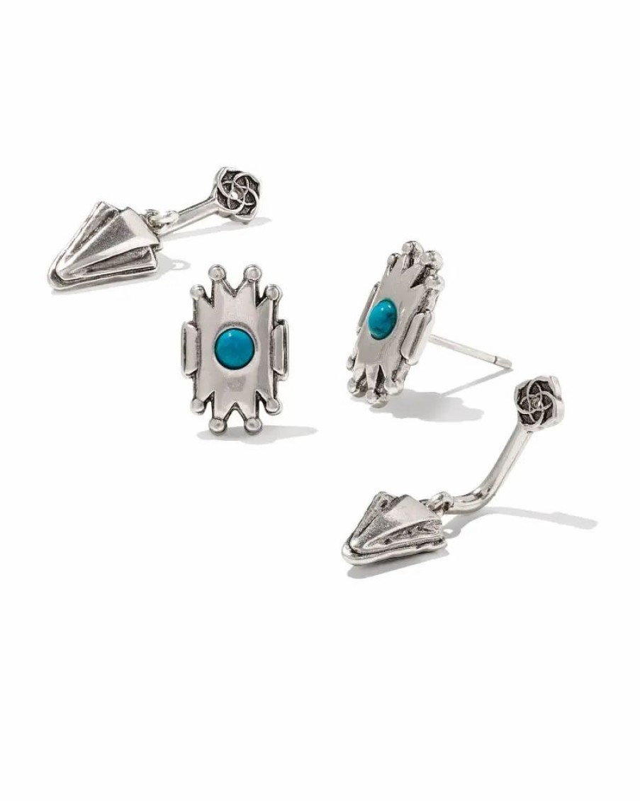 * Kendra Scott Shiva Vintage Silver Ear Jacket Earrings In Variegated Dark Teal Magnesite | Earrings