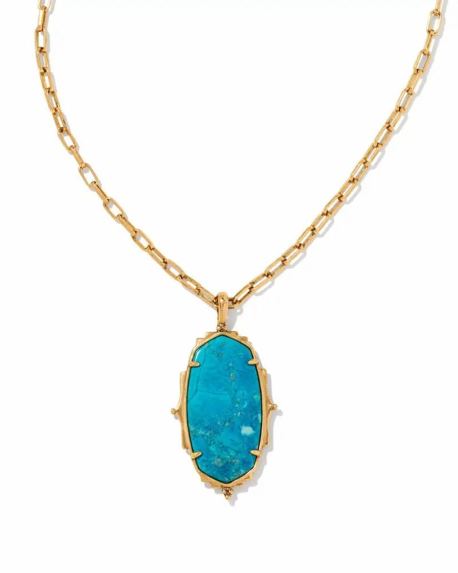 * Kendra Scott Baroque Ella Vintage Gold Long Pendant Necklace In Variegated Dark Teal Magnesite | Necklaces