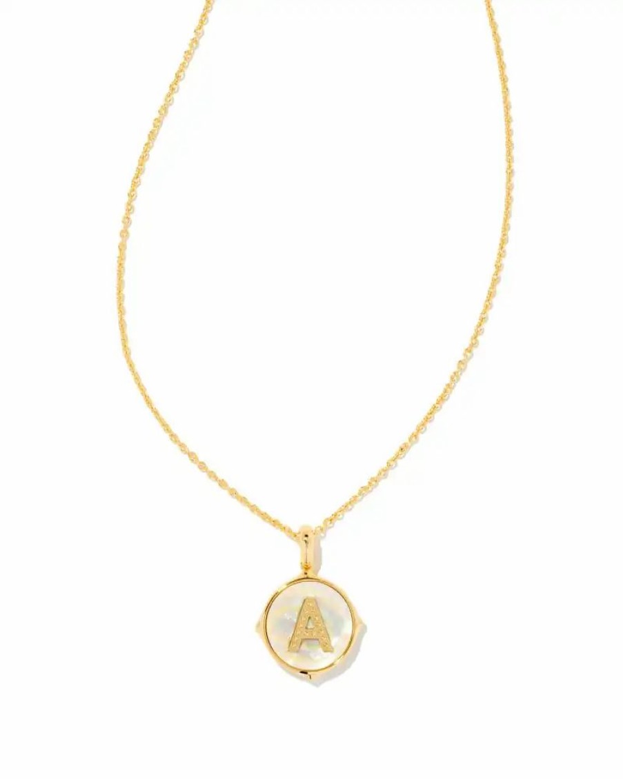 * Kendra Scott Letter A Gold Disc Reversible Pendant Necklace In Iridescent Abalone | Necklaces