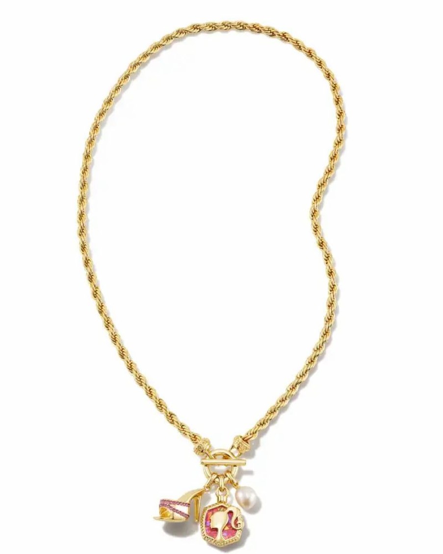 * Barbie X Kendra Scott Gold Pearl Charm Convertible Necklace In Pink Iridescent Glitter Glass | Necklaces