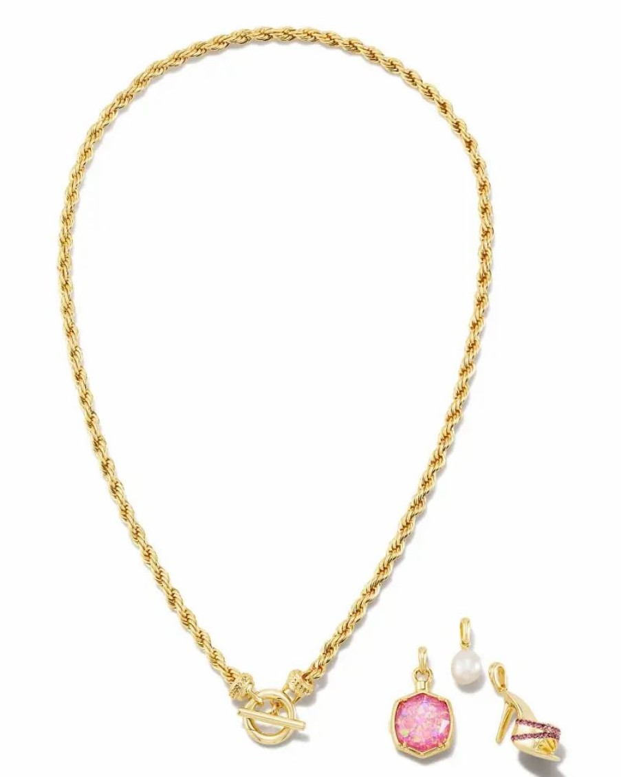 * Barbie X Kendra Scott Gold Pearl Charm Convertible Necklace In Pink Iridescent Glitter Glass | Necklaces