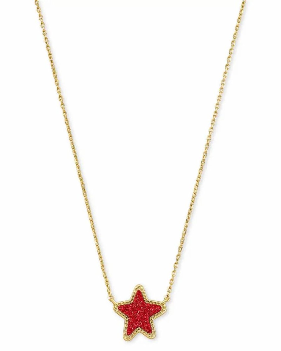 * Kendra Scott Jae Star Gold Pendant Necklace In Bright Red Drusy | Necklaces