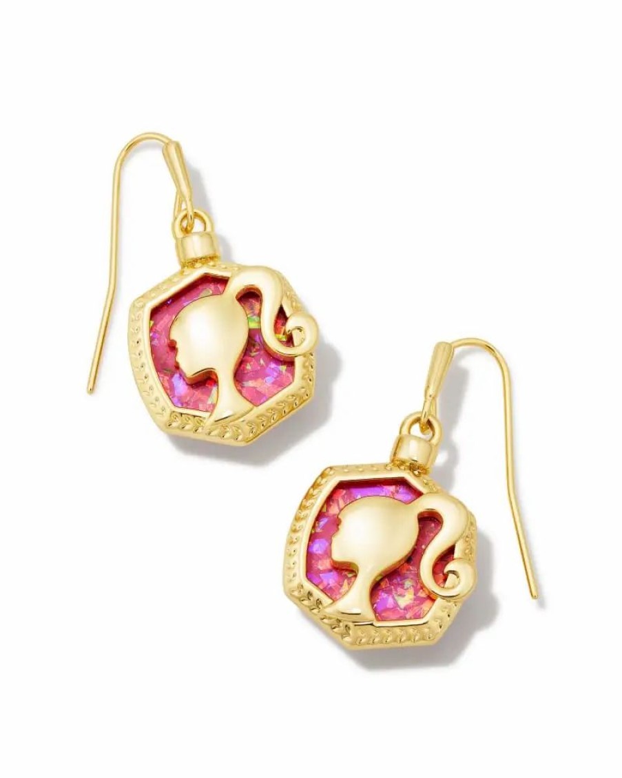 * Barbie X Kendra Scott Gold Drop Earrings In Pink Iridescent Glitter Glass | Earrings