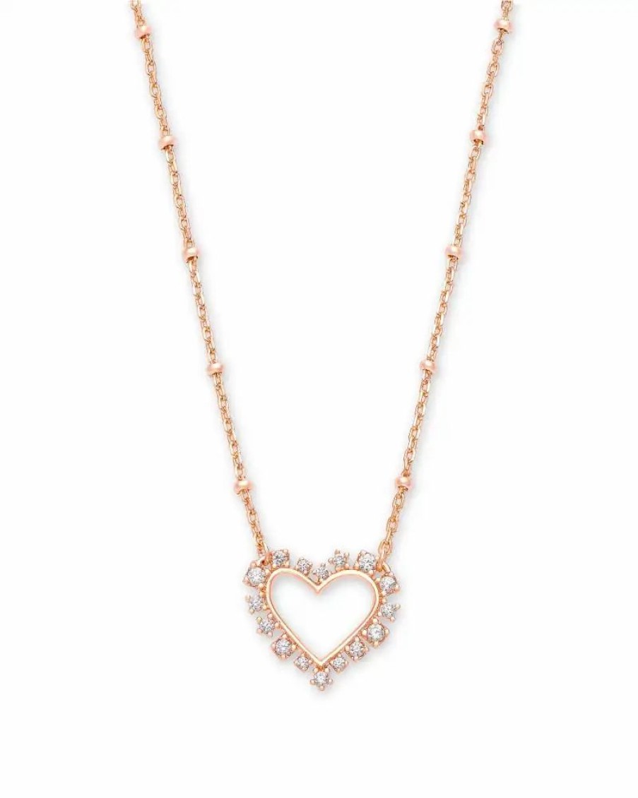 * Kendra Scott Ari Heart Rose Gold Pendant Necklace In White Crystal | Necklaces