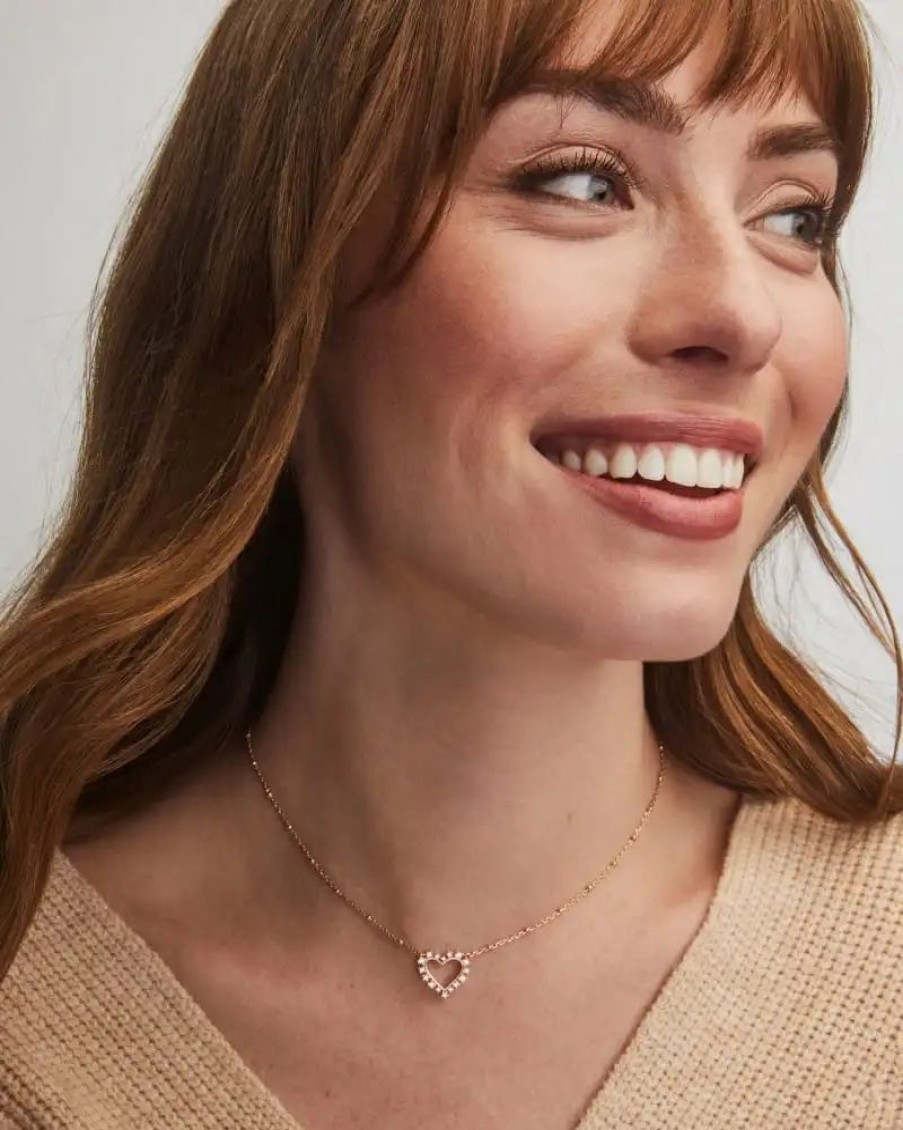 * Kendra Scott Ari Heart Rose Gold Pendant Necklace In White Crystal | Necklaces