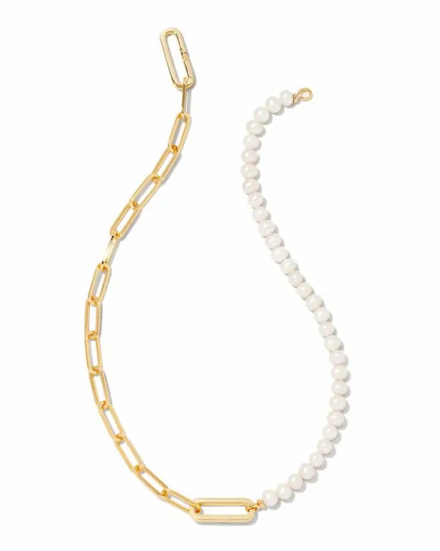 * Kendra Scott Ashton Gold Half Chain Necklace In White Pearl | Necklaces