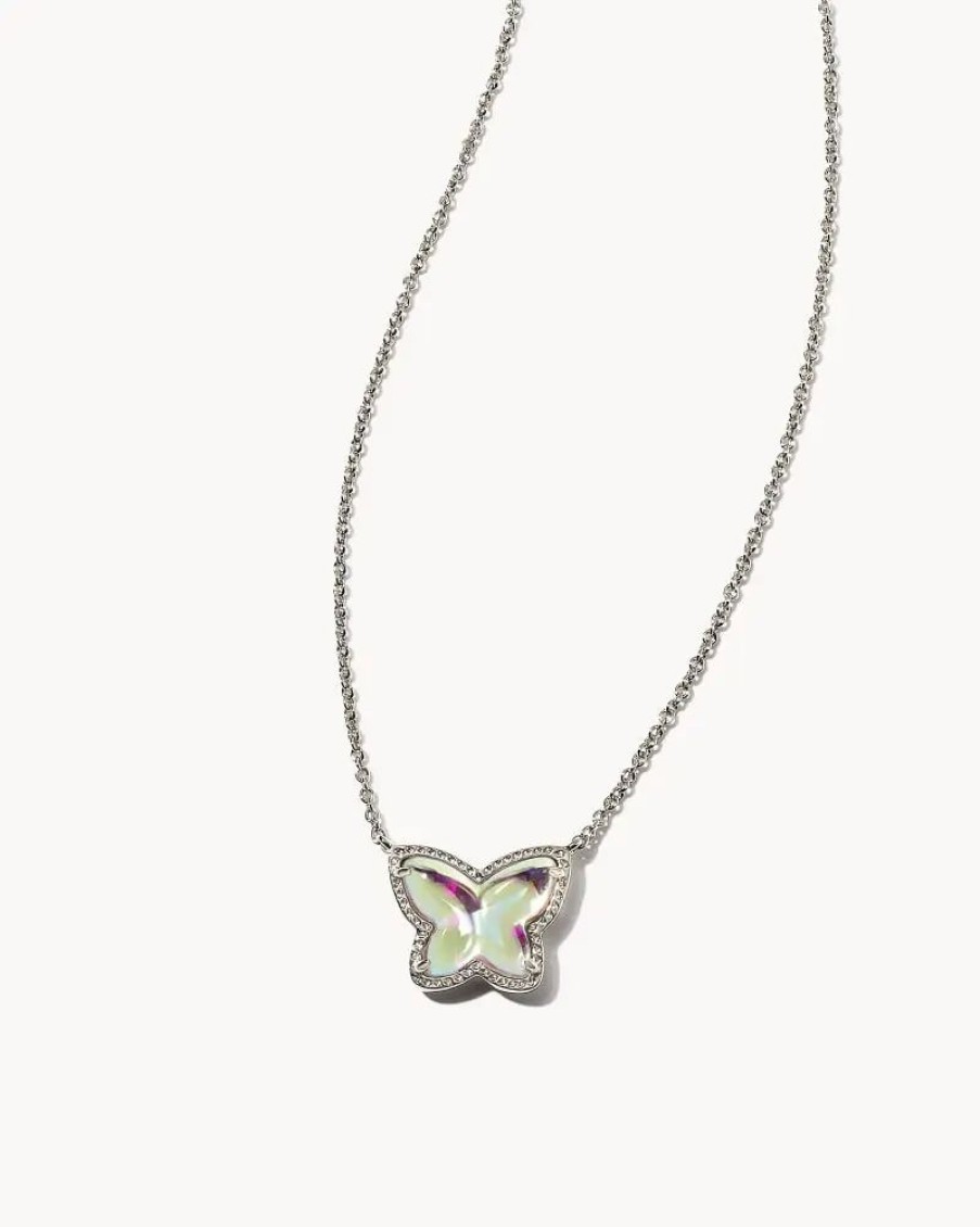 * Kendra Scott Lillia Butterfly Silver Pendant Necklace In Dichroic Glass | Necklaces