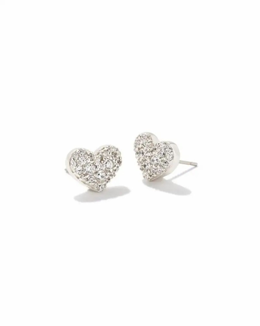 * Kendra Scott Ari Silver Pave Crystal Heart Earrings In White Crystal | Earrings