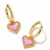 * Kendra Scott Ari Heart Gold Huggie Earrings In Bubblegum Pink Kyocera Opal | Earrings