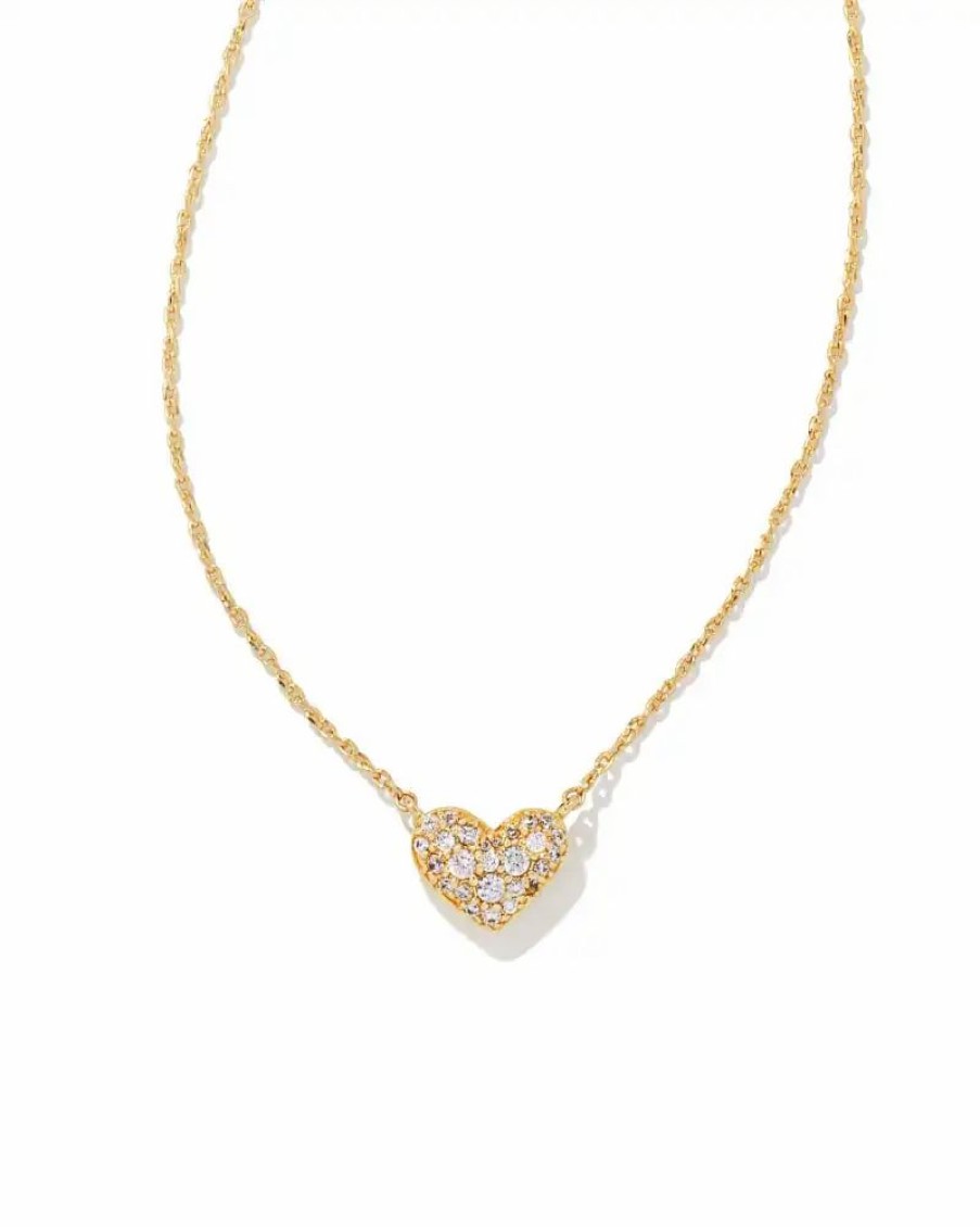 * Kendra Scott Ari Gold Pave Crystal Heart Necklace In White Crystal | Necklaces