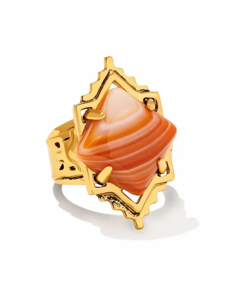 * Kendra Scott Cass Vintage Gold Cocktail Ring In Orange Banded Agate | Rings