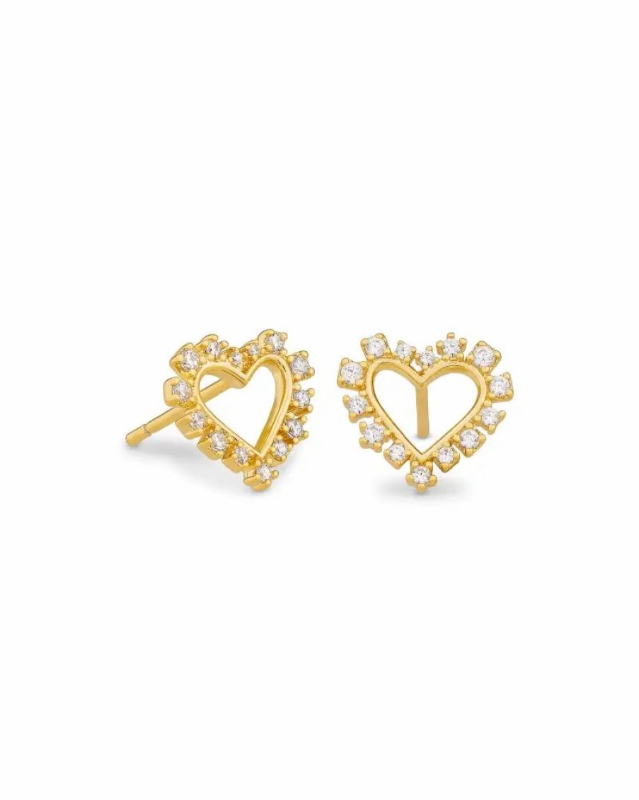 * Kendra Scott Ari Heart Gold Stud Earrings In White Crystal | Earrings