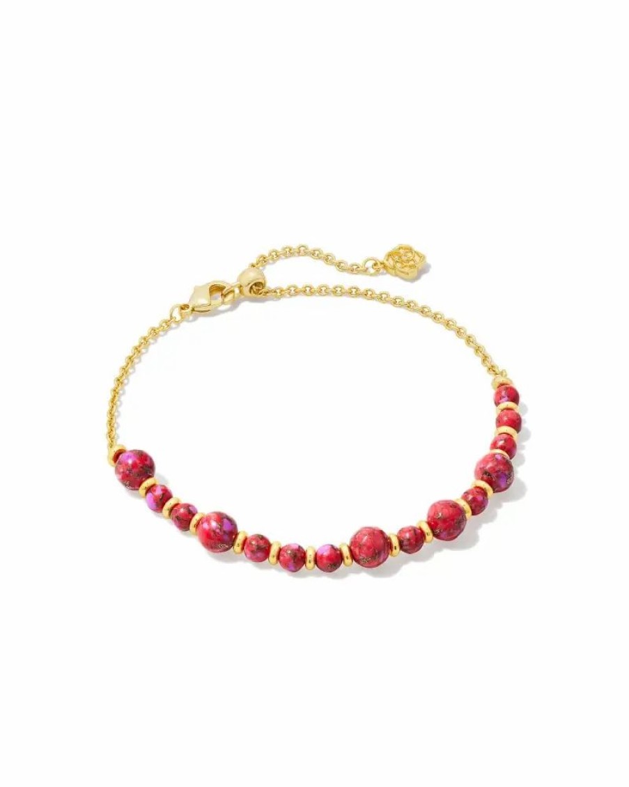 * Kendra Scott Jovie Gold Beaded Delicate Chain Bracelet In Bronze Veined Red And Fuchsia Magnesite | Bracelets