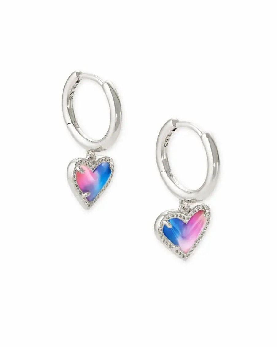 * Kendra Scott Ari Heart Silver Huggie Earrings In Watercolor Illusion | Earrings