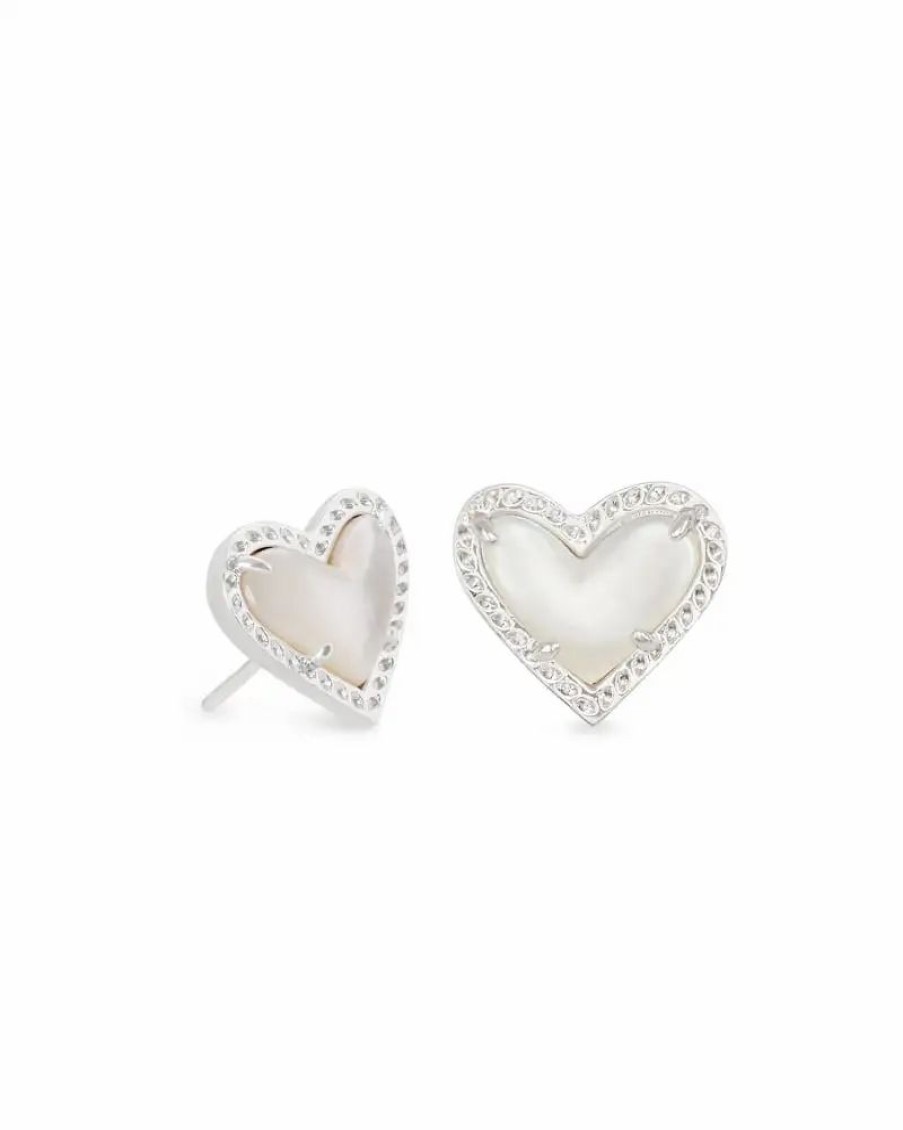 * Kendra Scott Ari Heart Silver Stud Earrings In Ivory Mother-Of-Pearl | Earrings